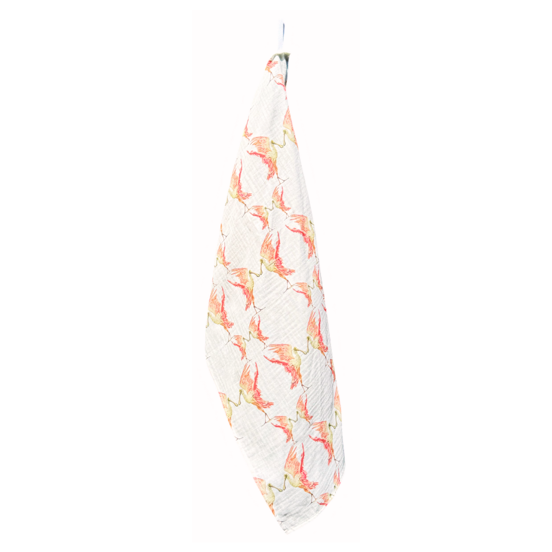 Tea Towel - Spoonbill on White Organic Cotton