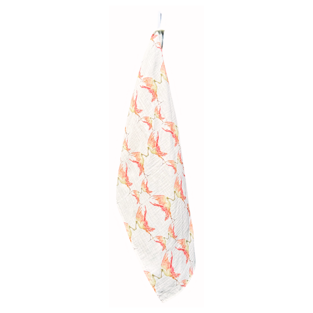 Hand Towel - Spoonbill on White Organic Cotton