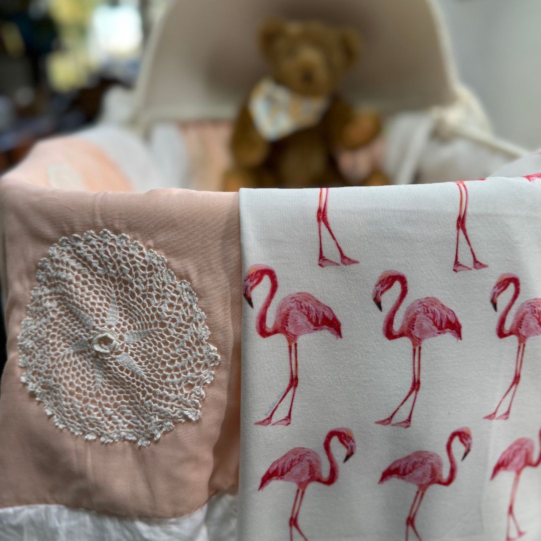 Baby Blanket - Flamingo on White Organic Cotton Knit