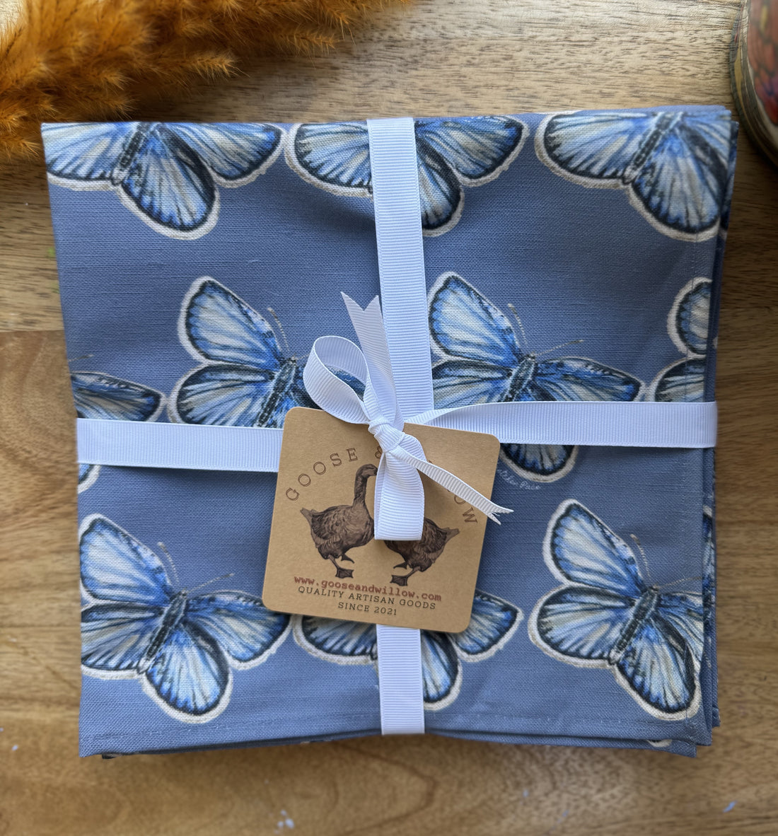 Cloth Napkins - Butterfly Repeat on Blue Linen Cotton