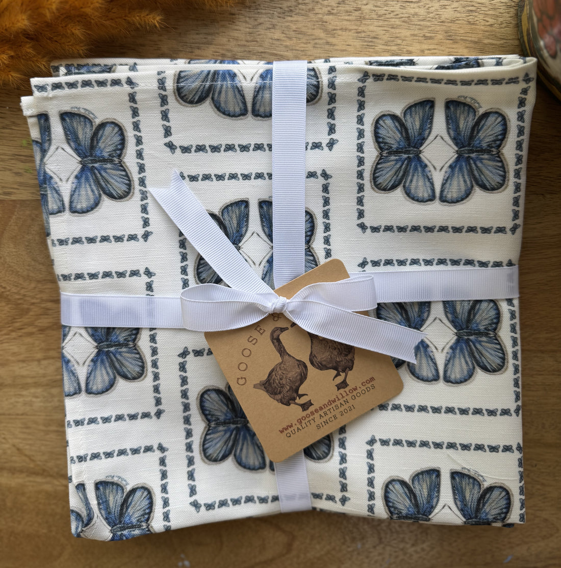 Cloth Napkins - Butterfly Squares on White Linen Cotton (Set of 4)