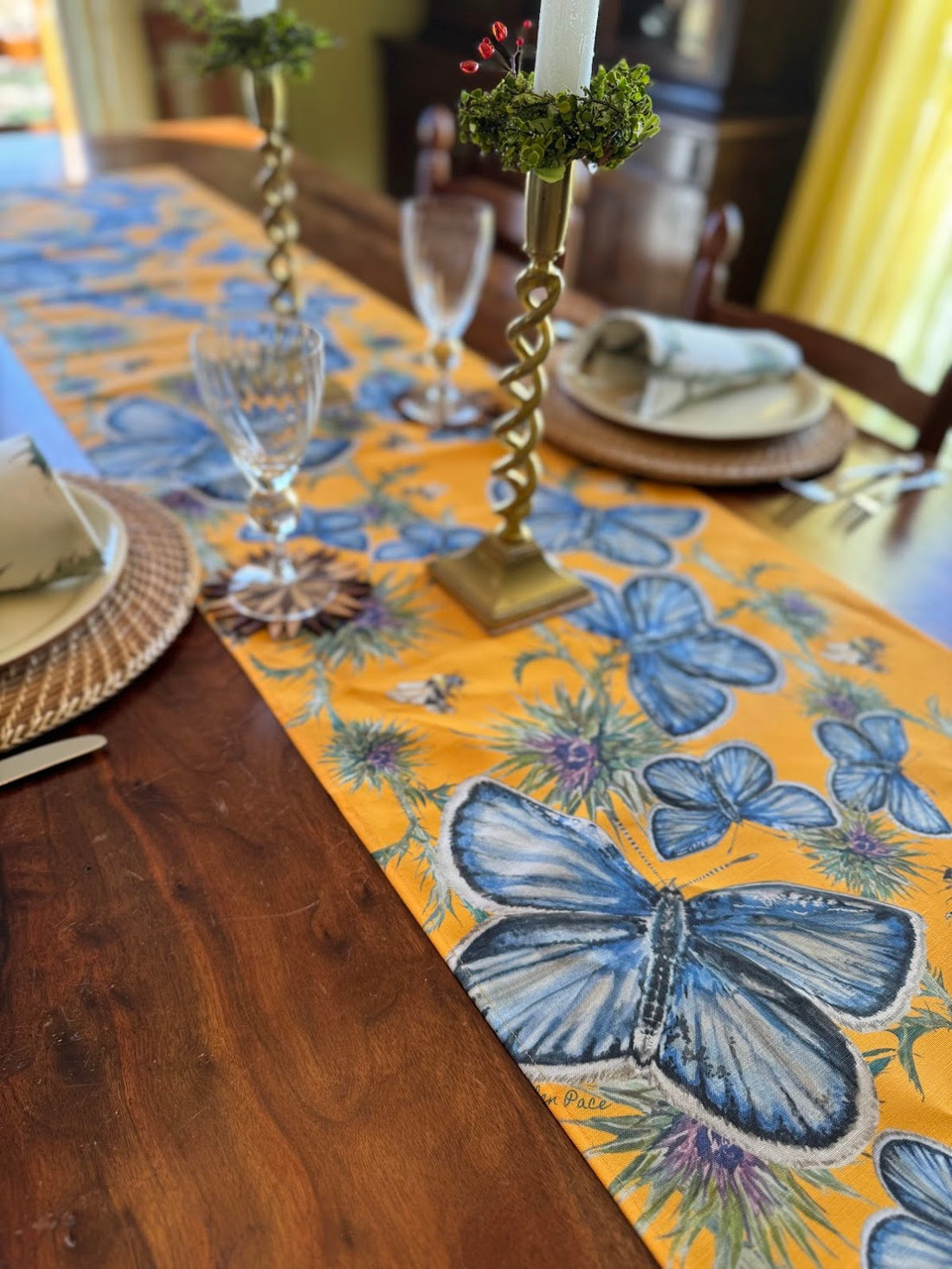 Table Runner - Butterfly, Thistle, and Bee on Yellow Linen Cotton