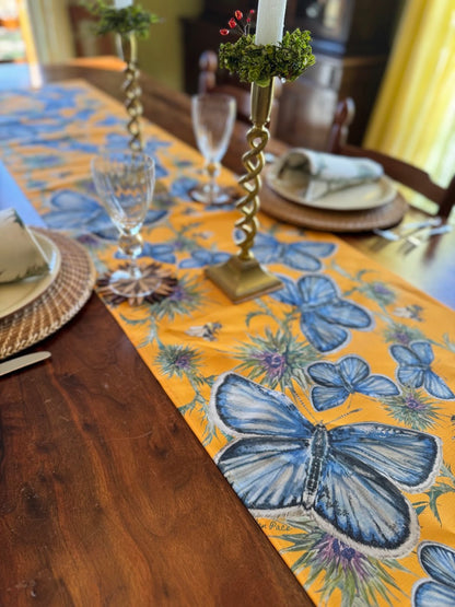 Table Runner - Butterfly, Thistle, and Bee on Yellow Linen Cotton