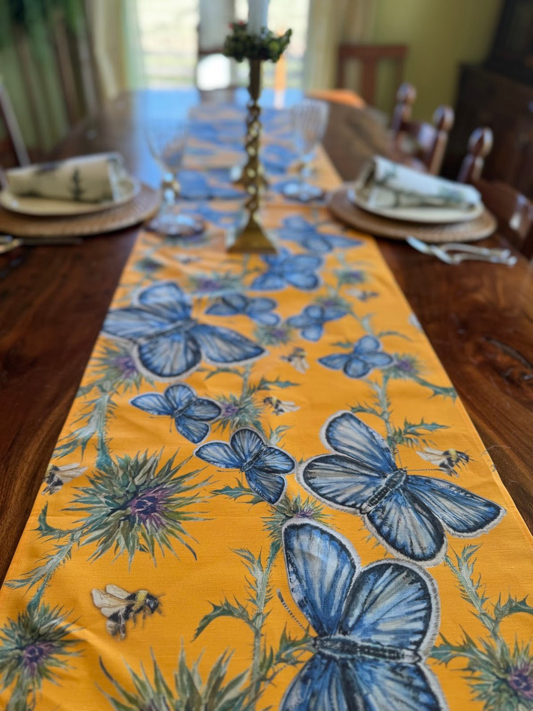 Table Runner - Butterfly, Thistle, and Bee on Yellow Linen Cotton