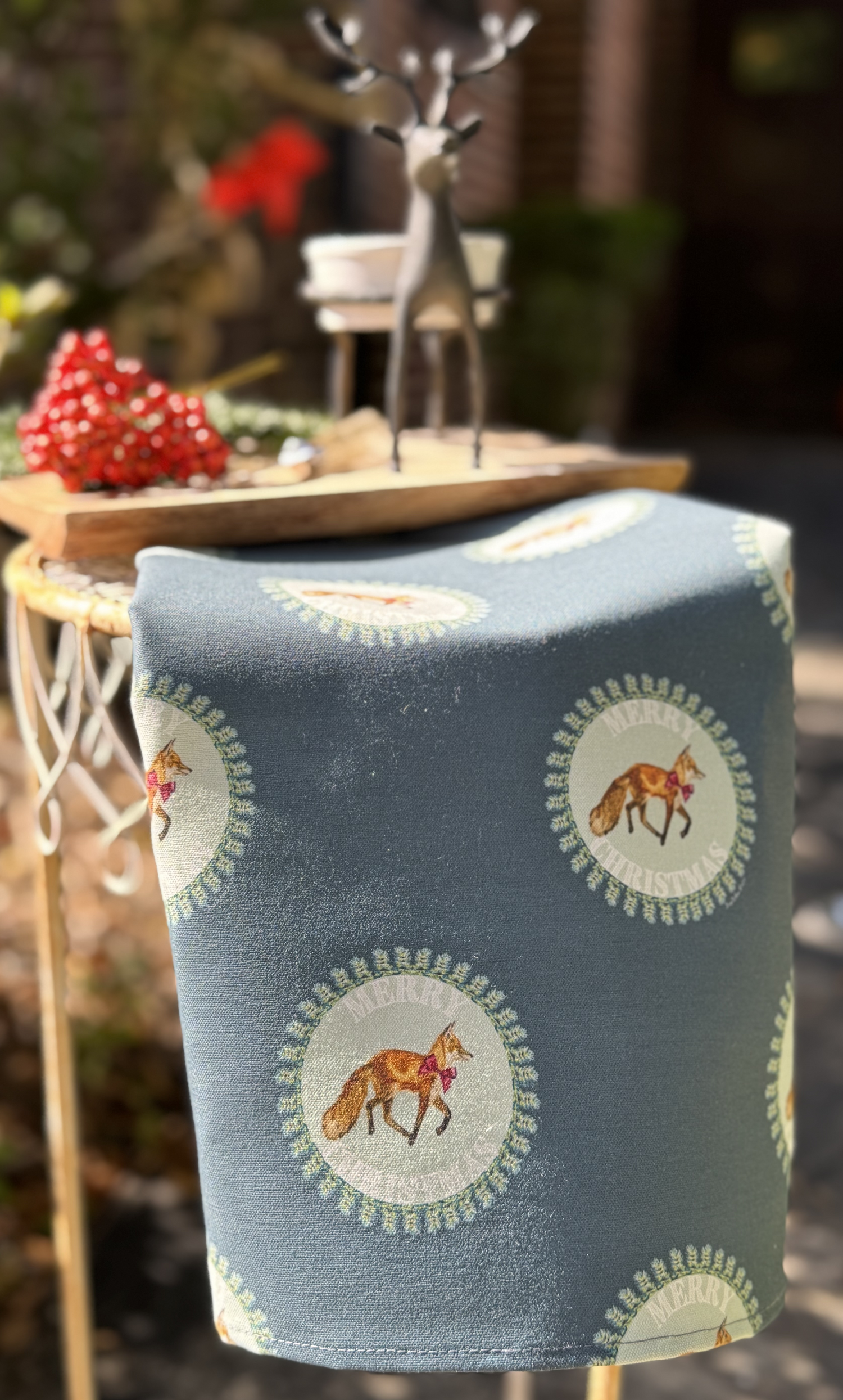 Tea Towel - Merry Christmas Fox on Blue Linen Cotton