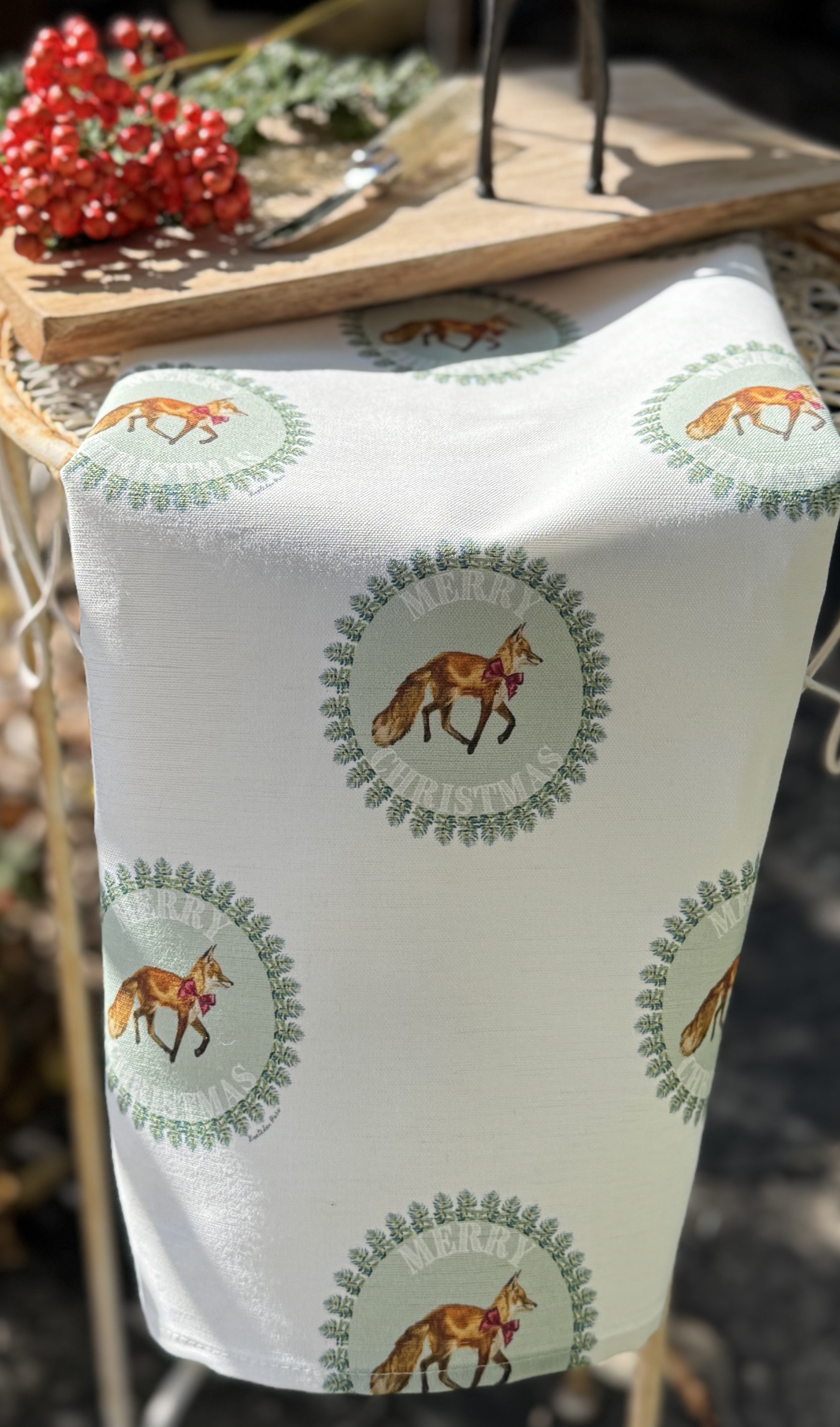 Tea Towel - Merry Christmas Fox on White Linen Cotton