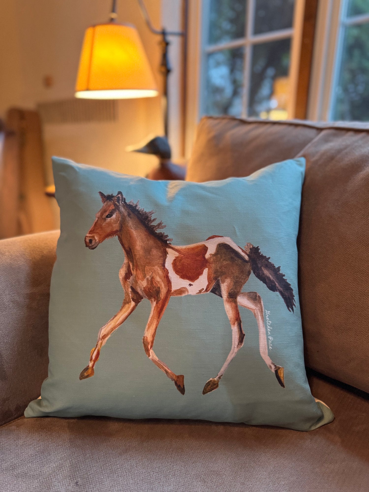 Throw Pillow - Pony on Green Linen Cotton