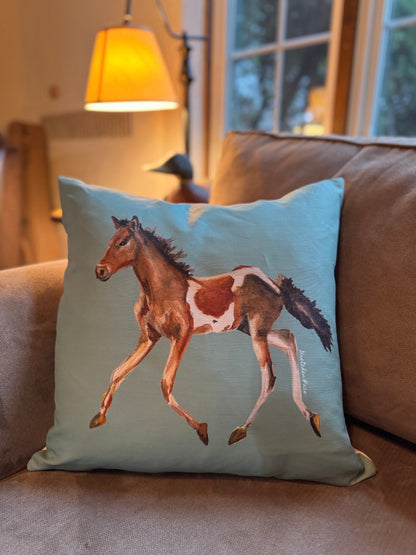 Throw Pillow - Pony on Green Linen Cotton