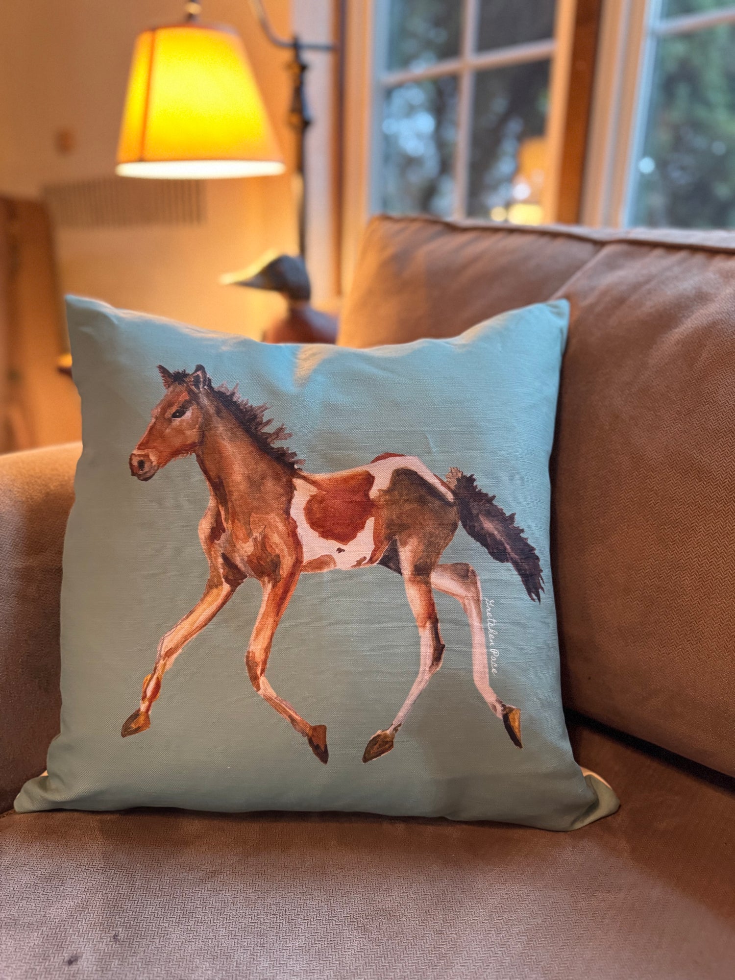 Throw Pillow - Pony on Green Linen Cotton