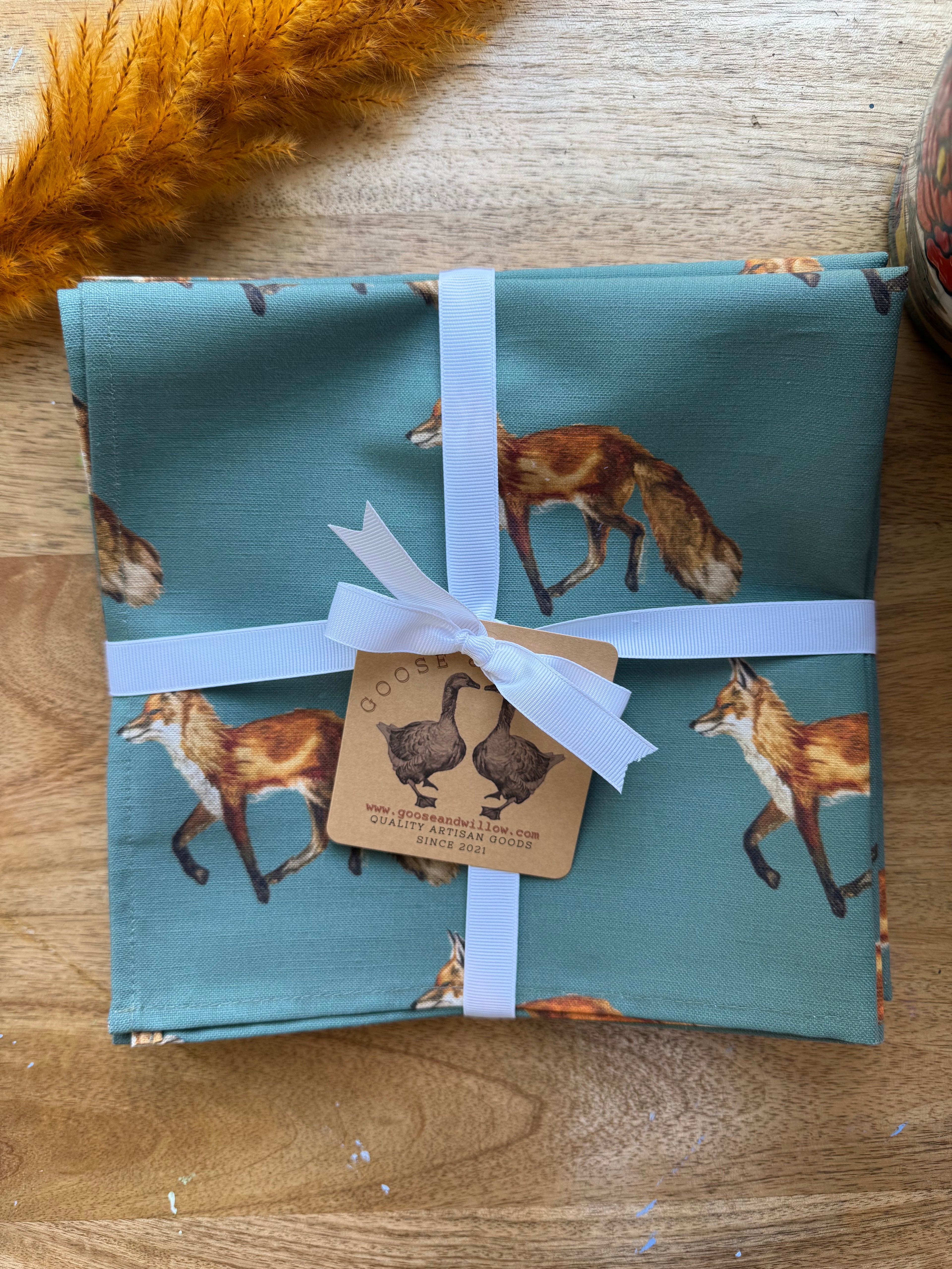 Cloth Napkins - Fox Repeat on Jade Green Linen Cotton