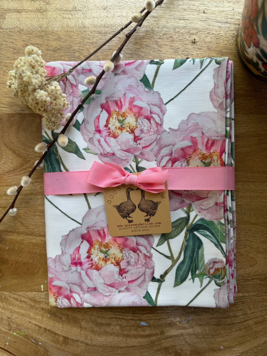 Table Runner - Light Pink Peony Repeat on White Linen Cotton