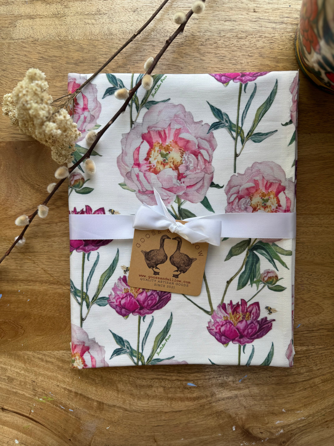 Table Runner - Peonies and Bee Repeat on White Linen Cotton