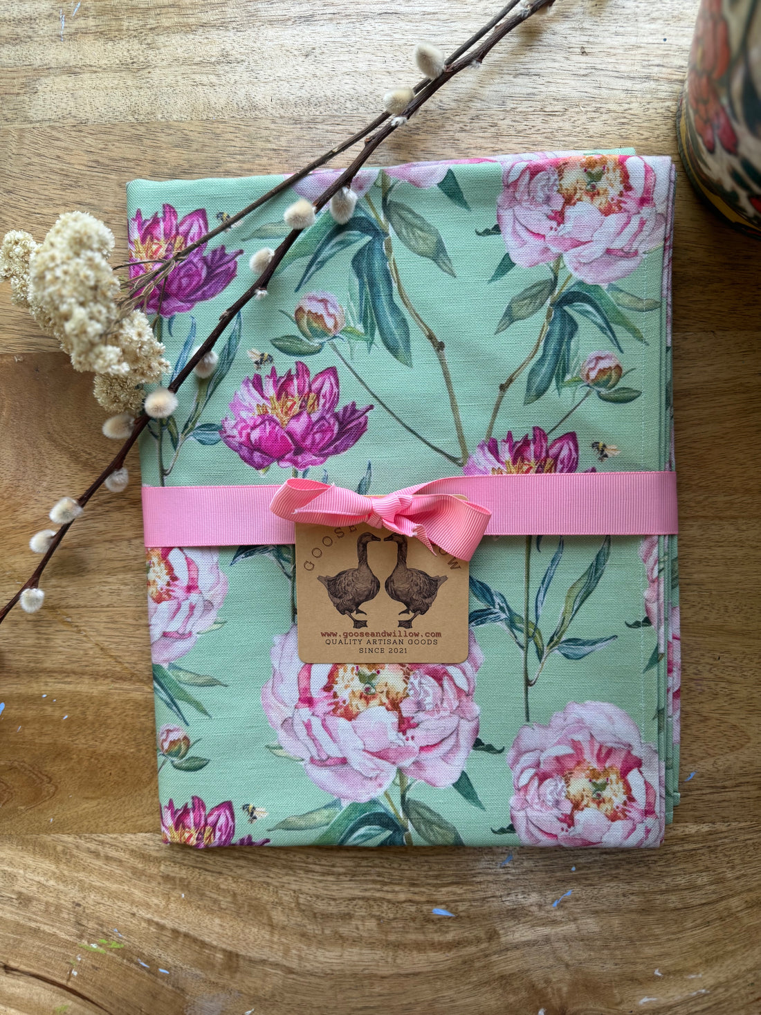 Table Runner - Peonies and Bee Repeat on Light Green Linen Cotton