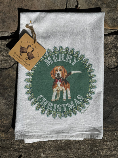 Dish Towel - Merry Christmas Beagle on Flour Sack