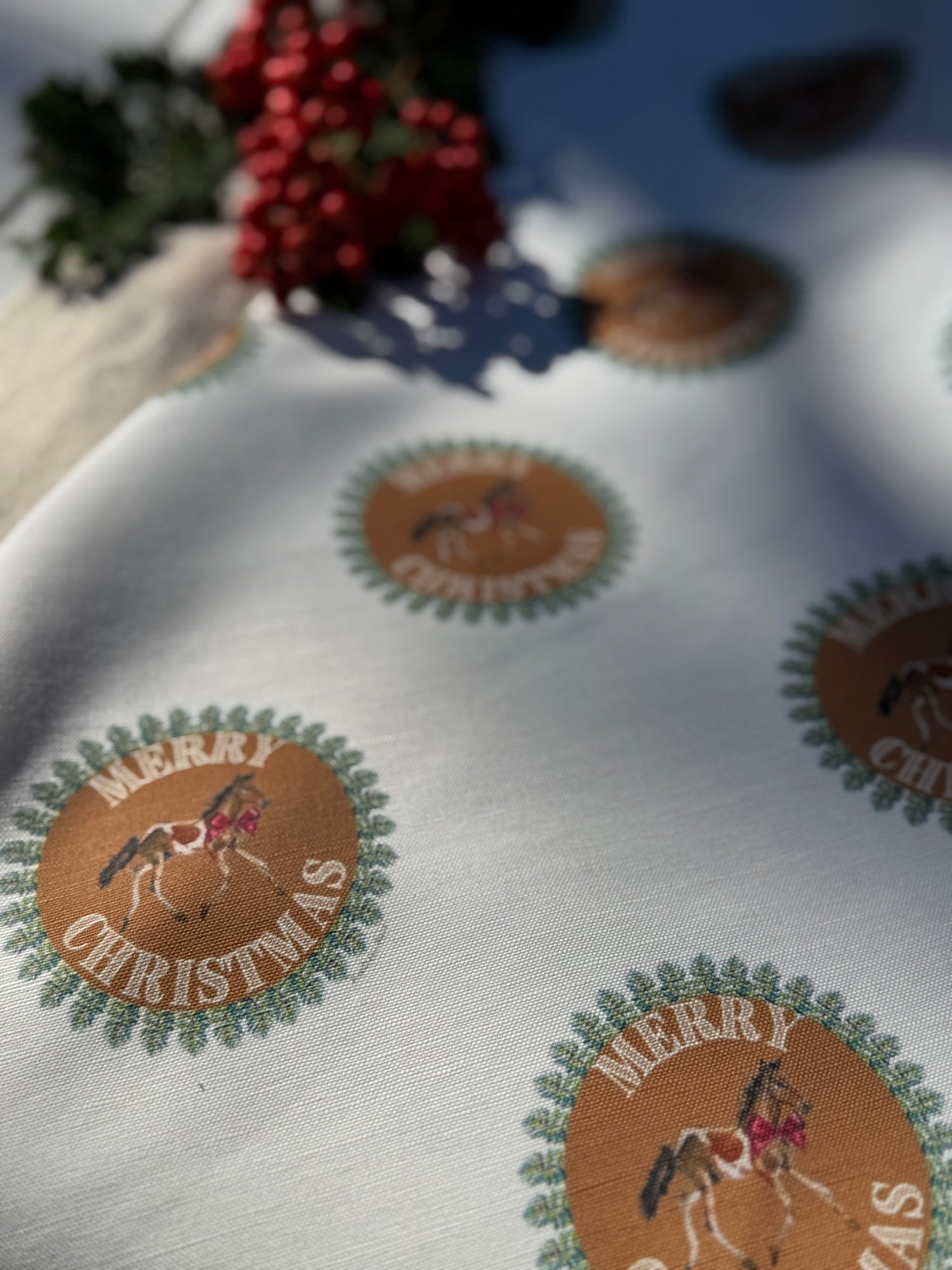 Tea Towel - Merry Christmas Pony on White Linen Cotton