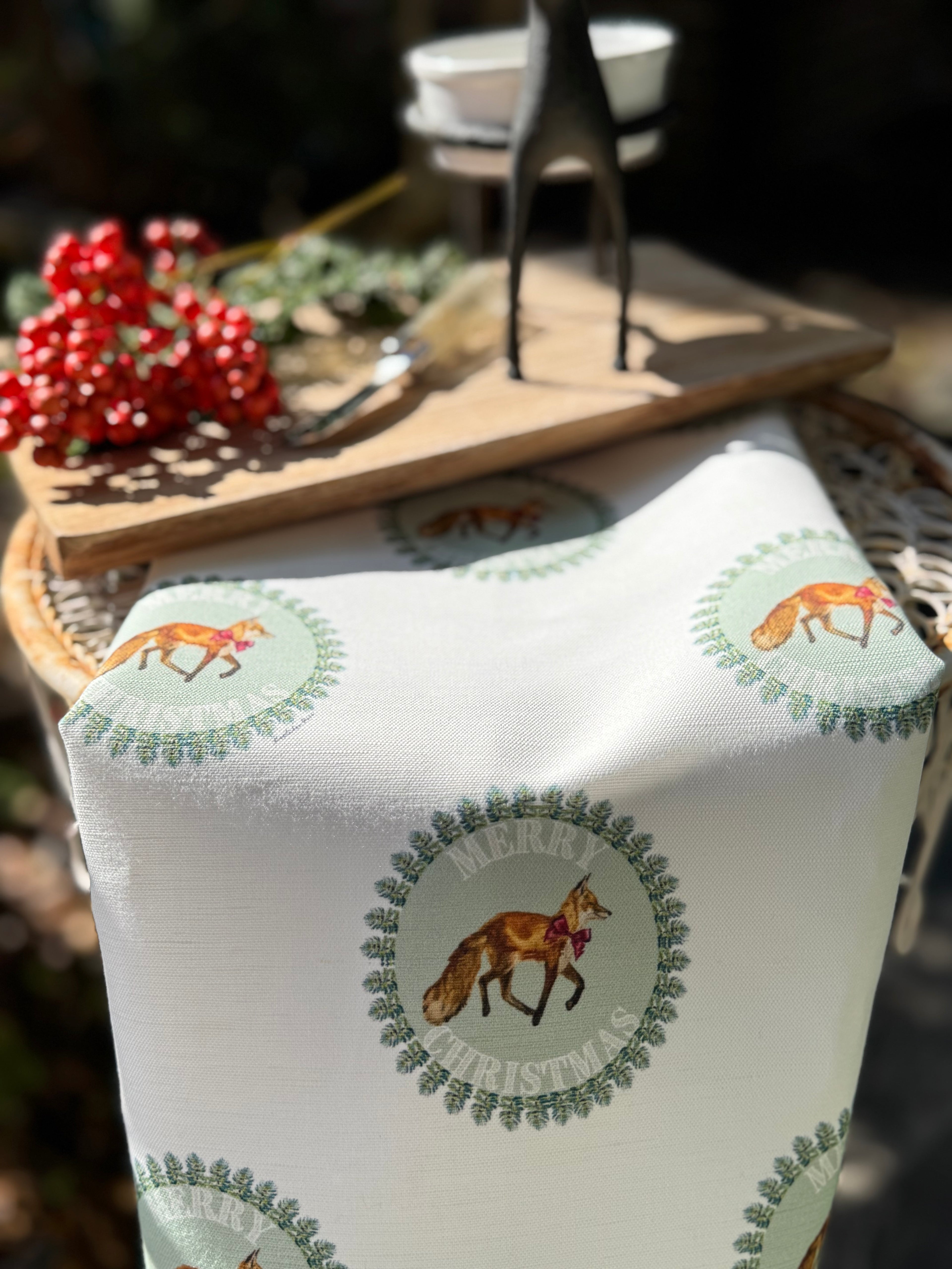 Tea Towel - Merry Christmas Fox on White Linen Cotton