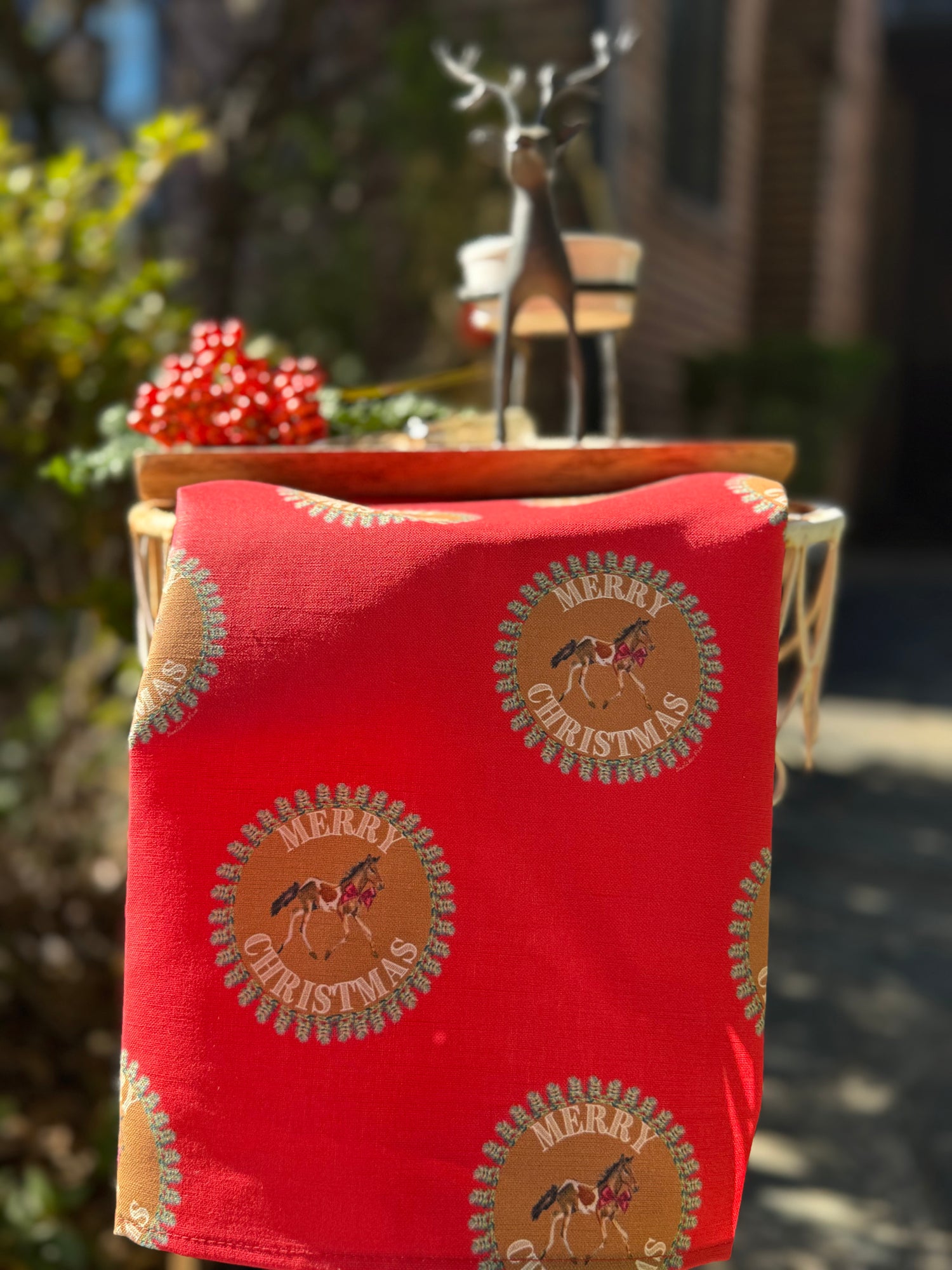 Tea Towel - Merry Christmas Pony on Red Linen Cotton