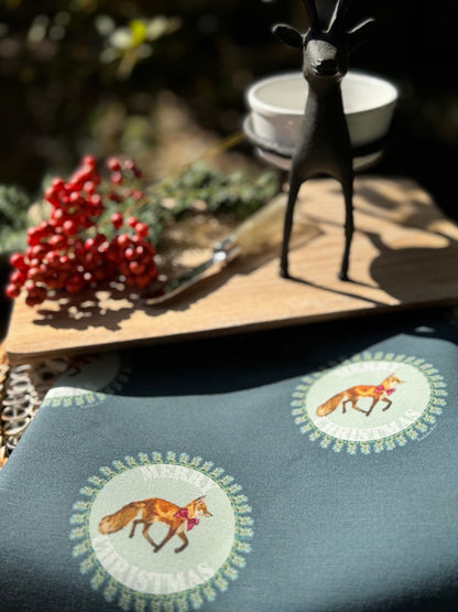 Tea Towel - Merry Christmas Fox on Blue Linen Cotton