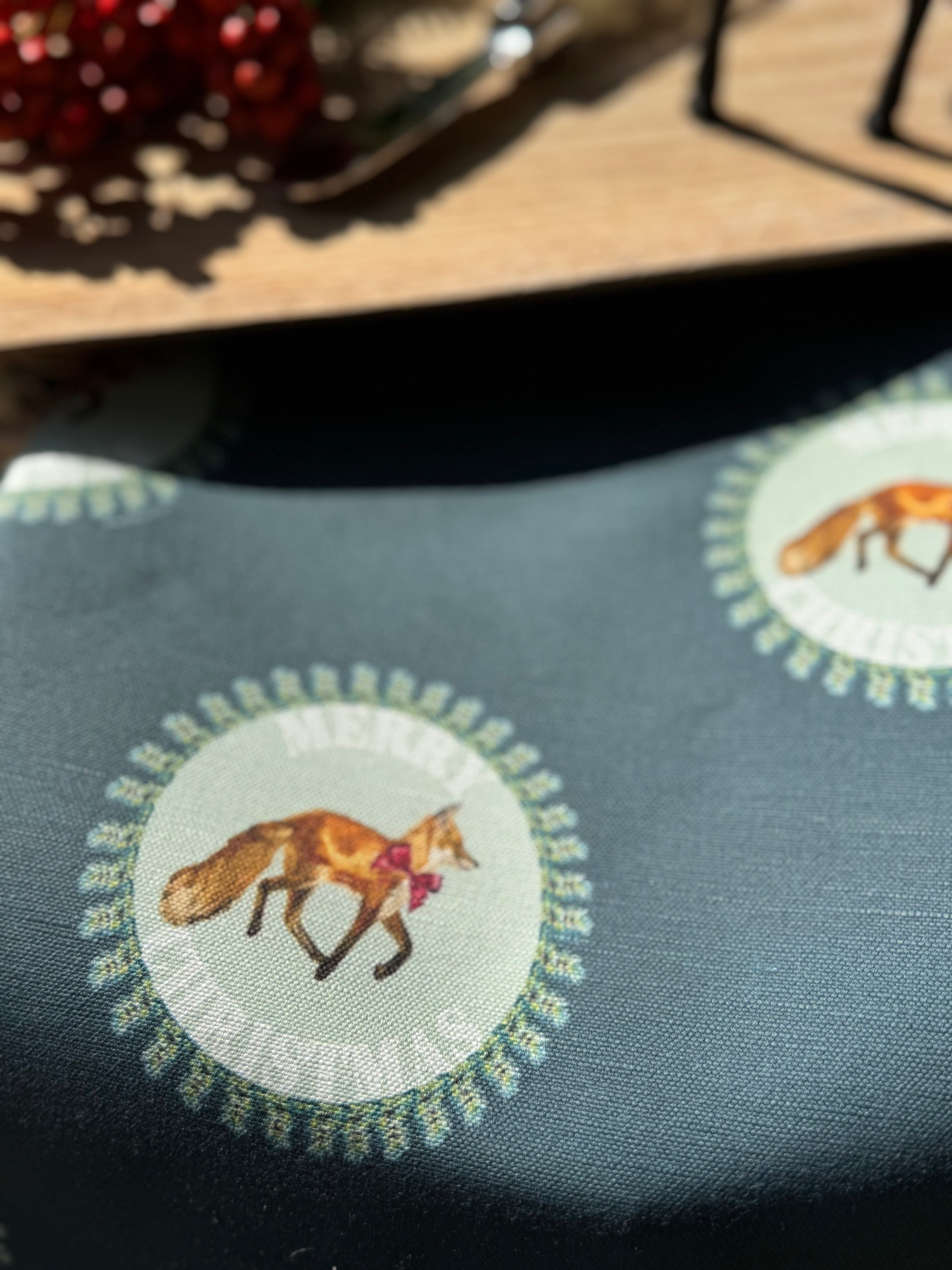 Tea Towel - Merry Christmas Fox on Blue Linen Cotton