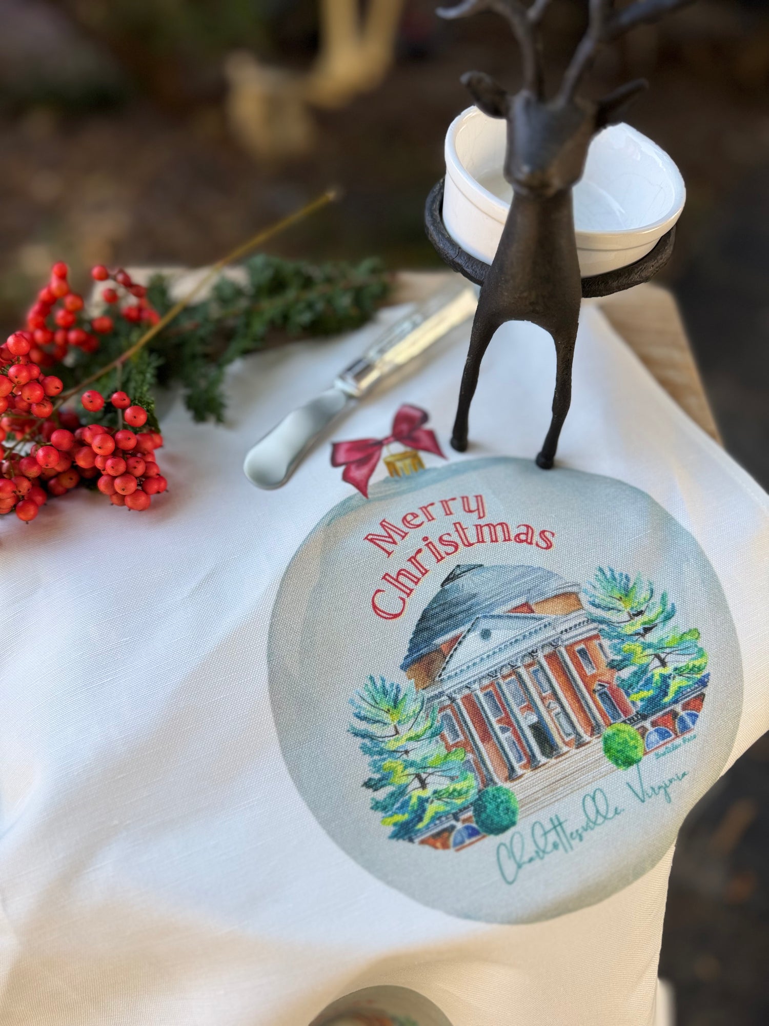 Tea Towel - The Rotunda Christmas on White Linen Cotton