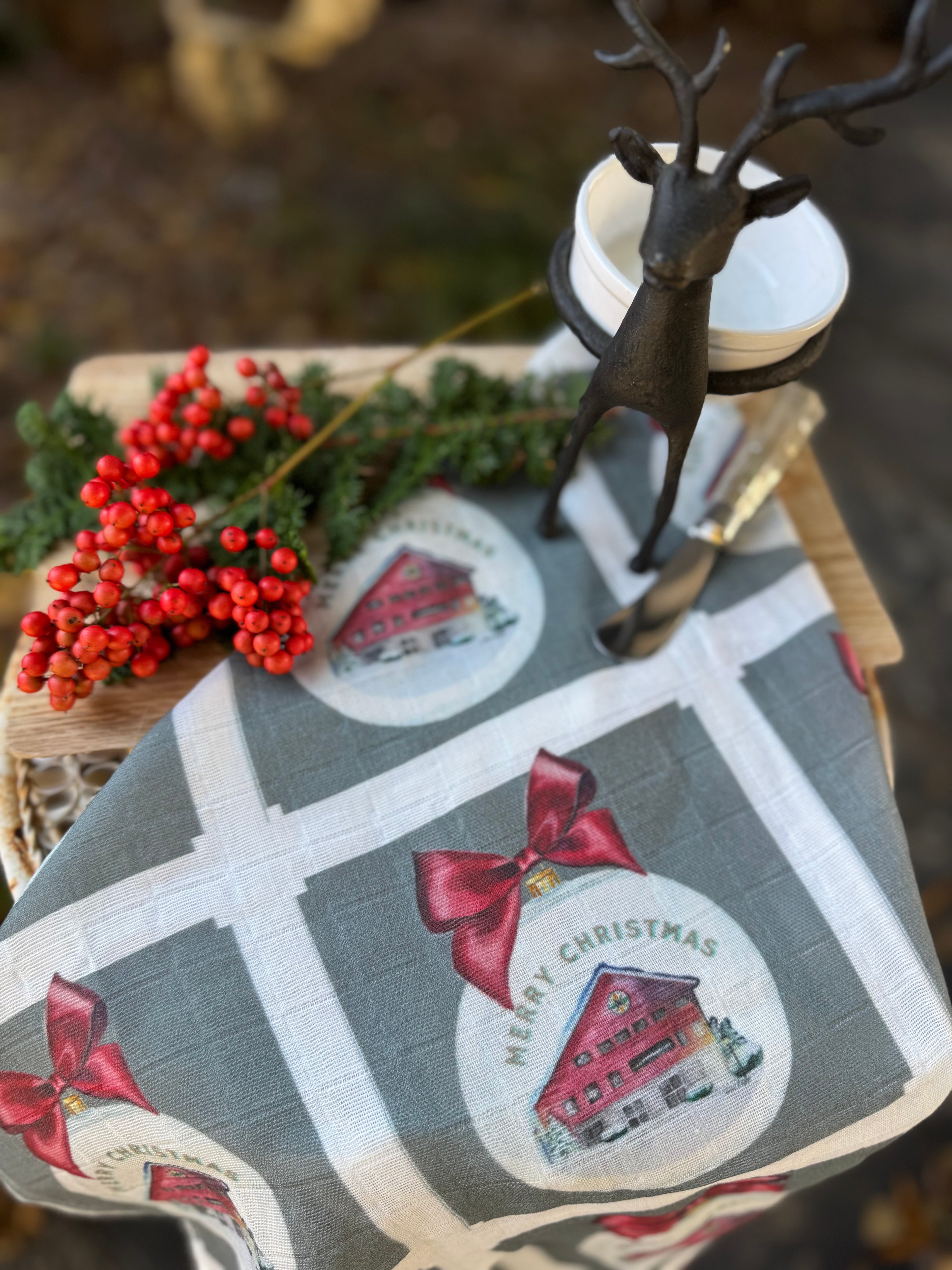 Tea Towel - Merry Christmas Barn on Organic Cotton