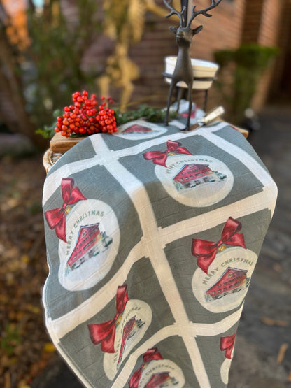 Tea Towel - Merry Christmas Barn on Organic Cotton
