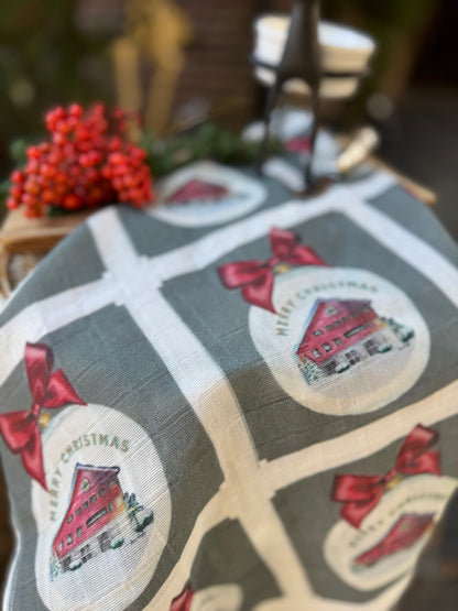 Tea Towel - Merry Christmas Barn on Organic Cotton