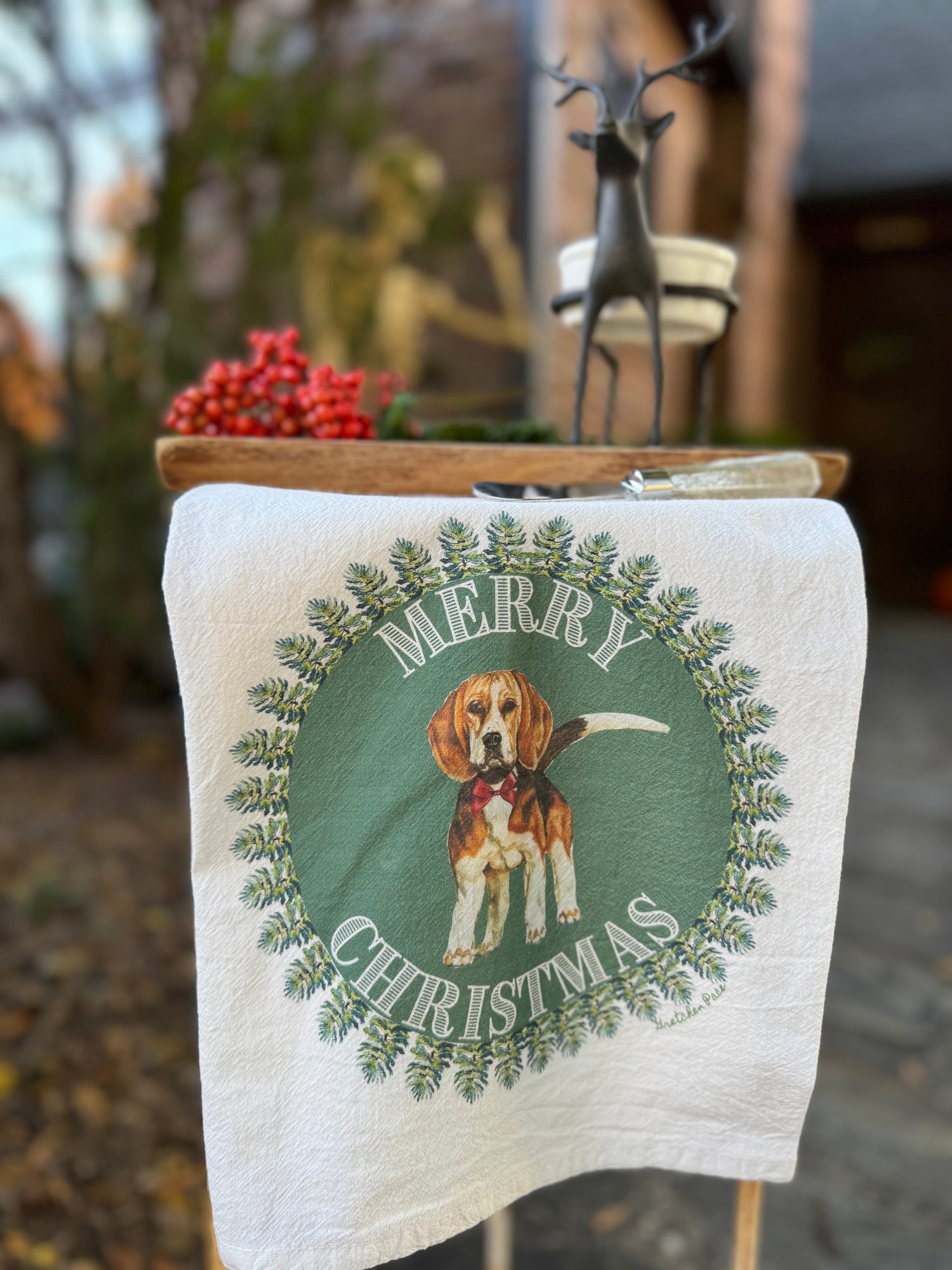 Dish Towel - Merry Christmas Beagle on Flour Sack