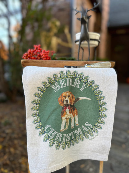 Dish Towel - Merry Christmas Beagle on Flour Sack