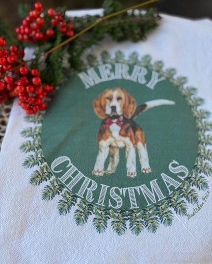 Dish Towel - Merry Christmas Beagle on Flour Sack