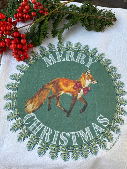 Dish Towel - Merry Christmas Fox on Flour Sack