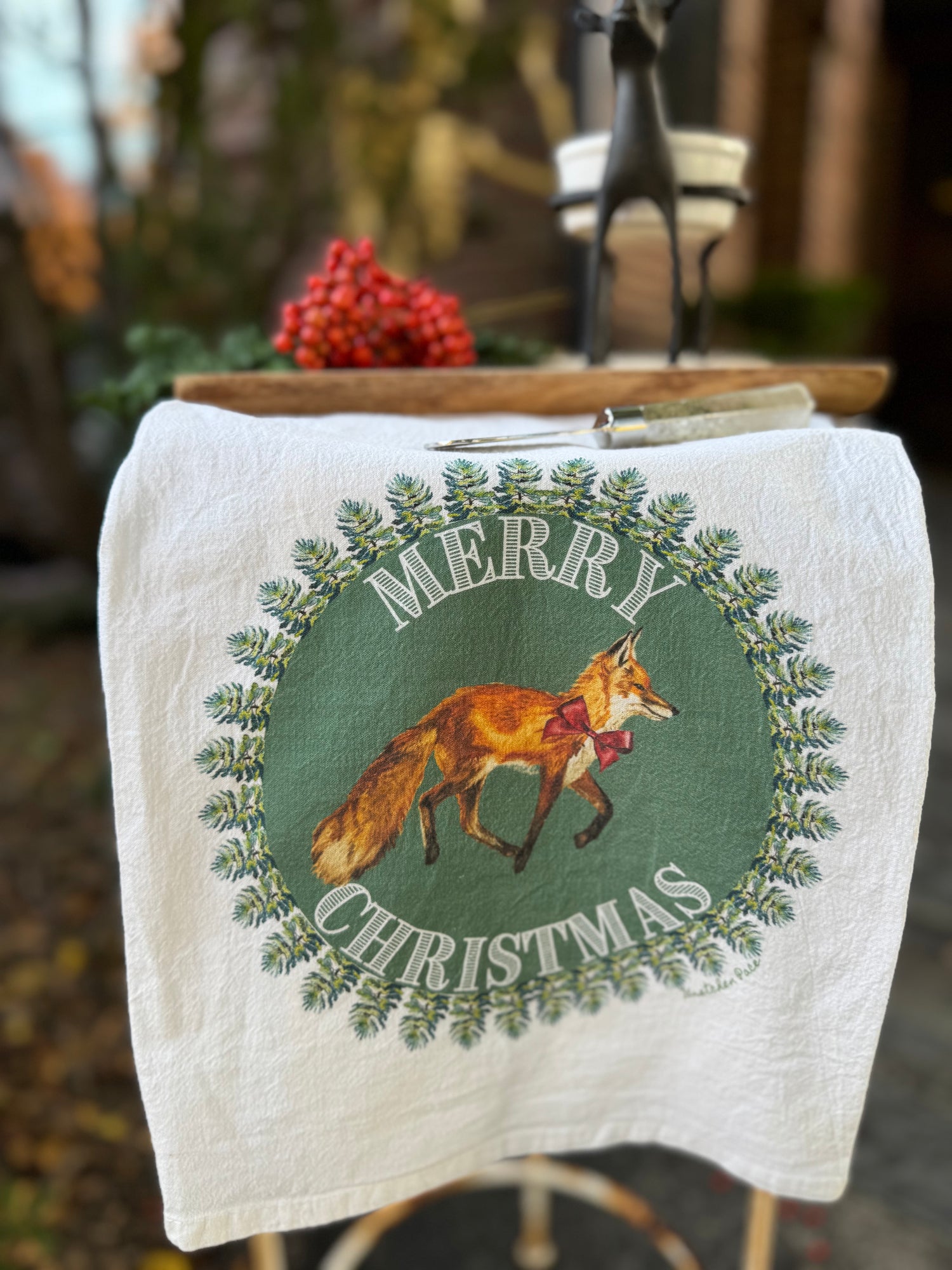 Dish Towel - Merry Christmas Fox on Flour Sack