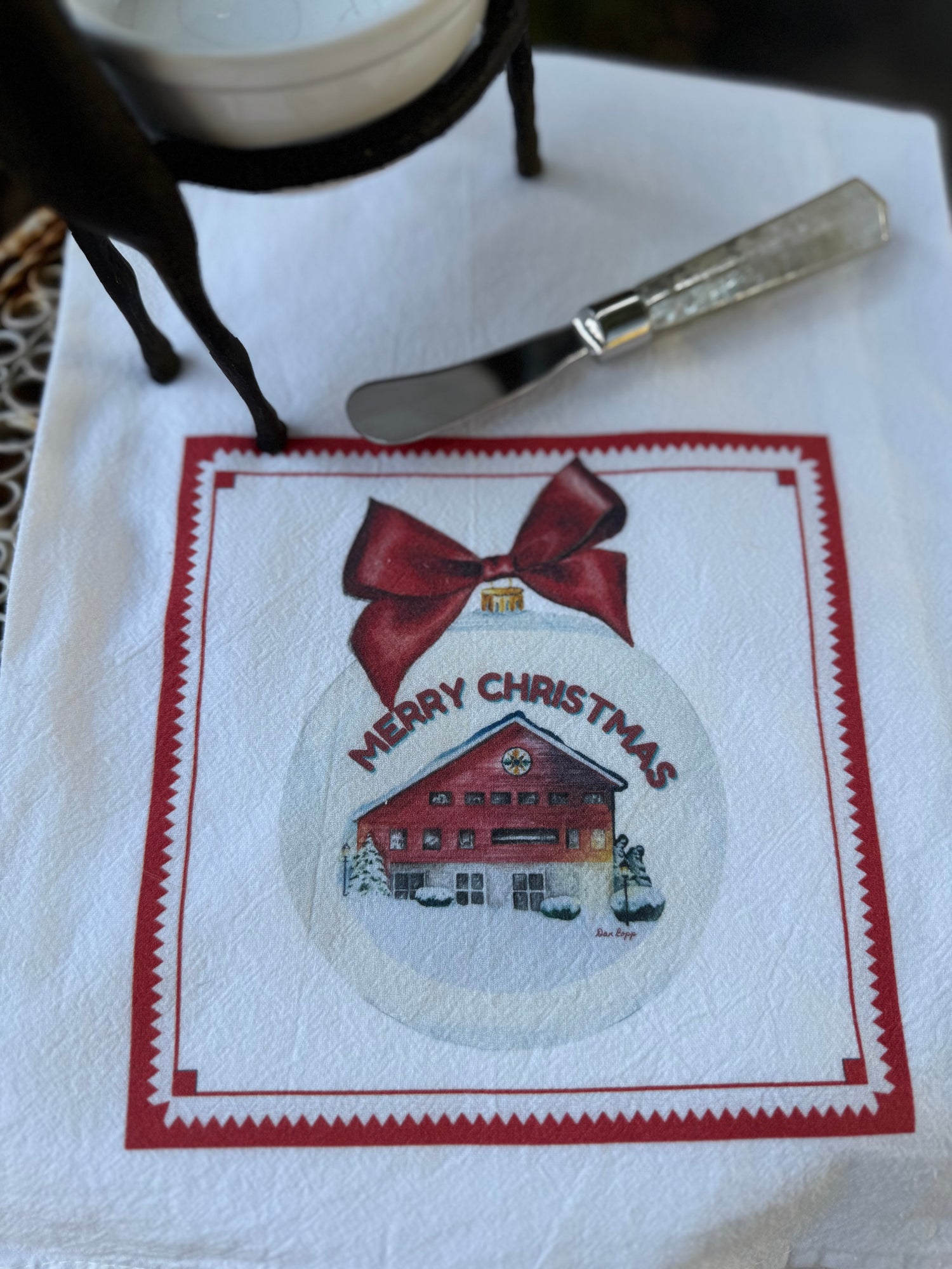 Dish Towel - Barn Merry Christmas on Flour Sack