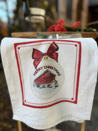 Dish Towel - Barn Merry Christmas on Flour Sack