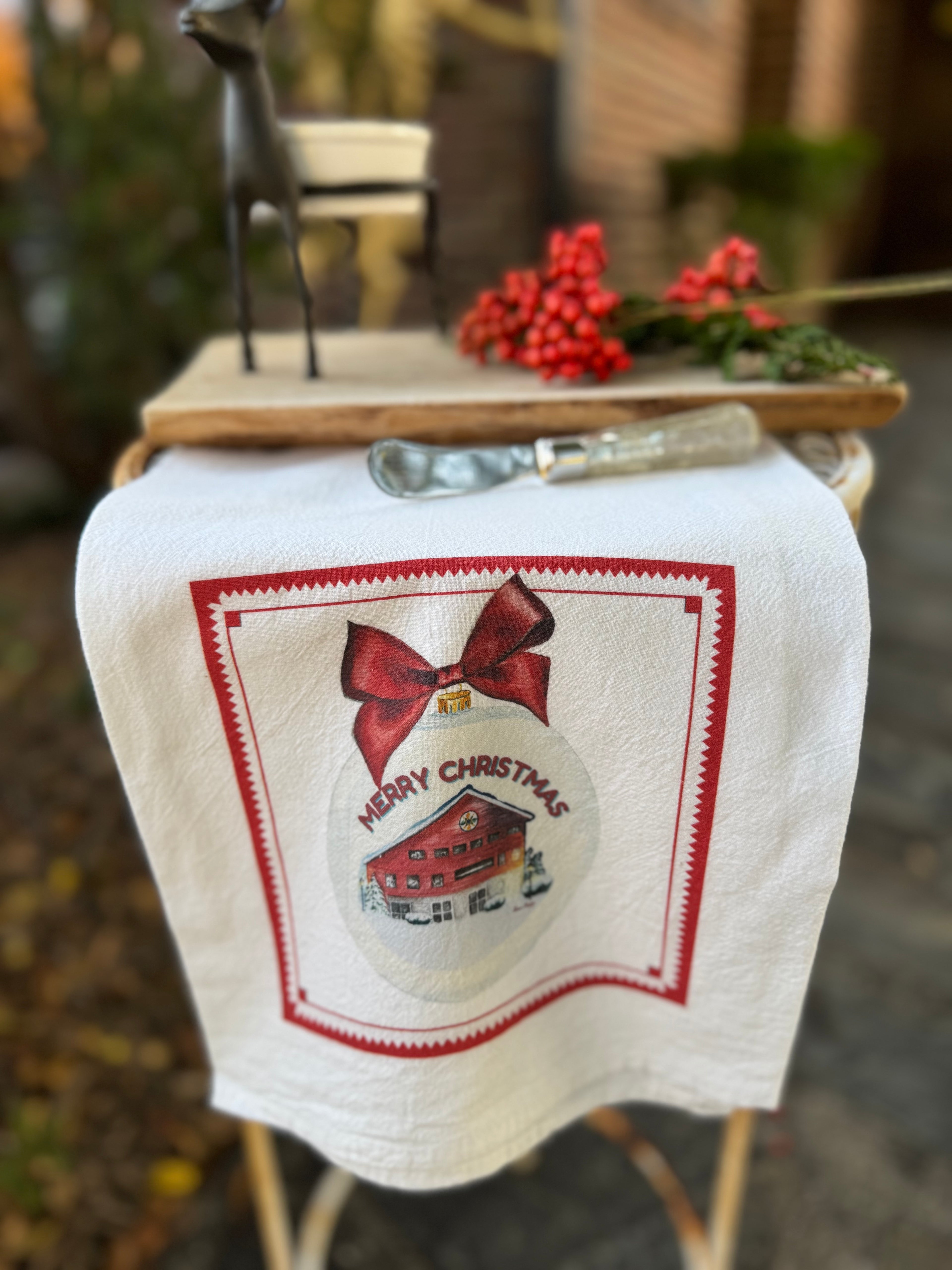 Dish Towel - Barn Merry Christmas on Flour Sack