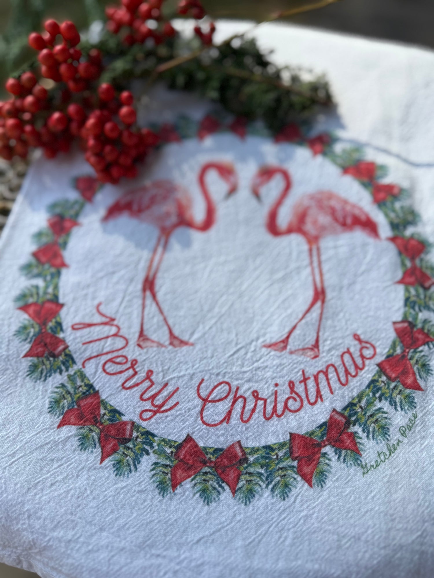 Dish Towel - Merry Christmas Flamingo on Flour Sack
