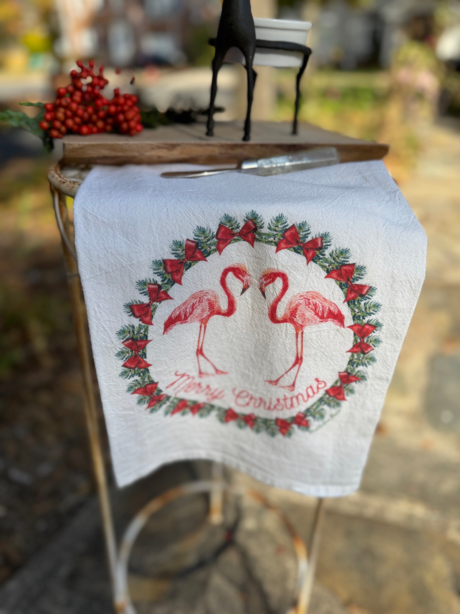 Dish Towel - Merry Christmas Flamingo on Flour Sack