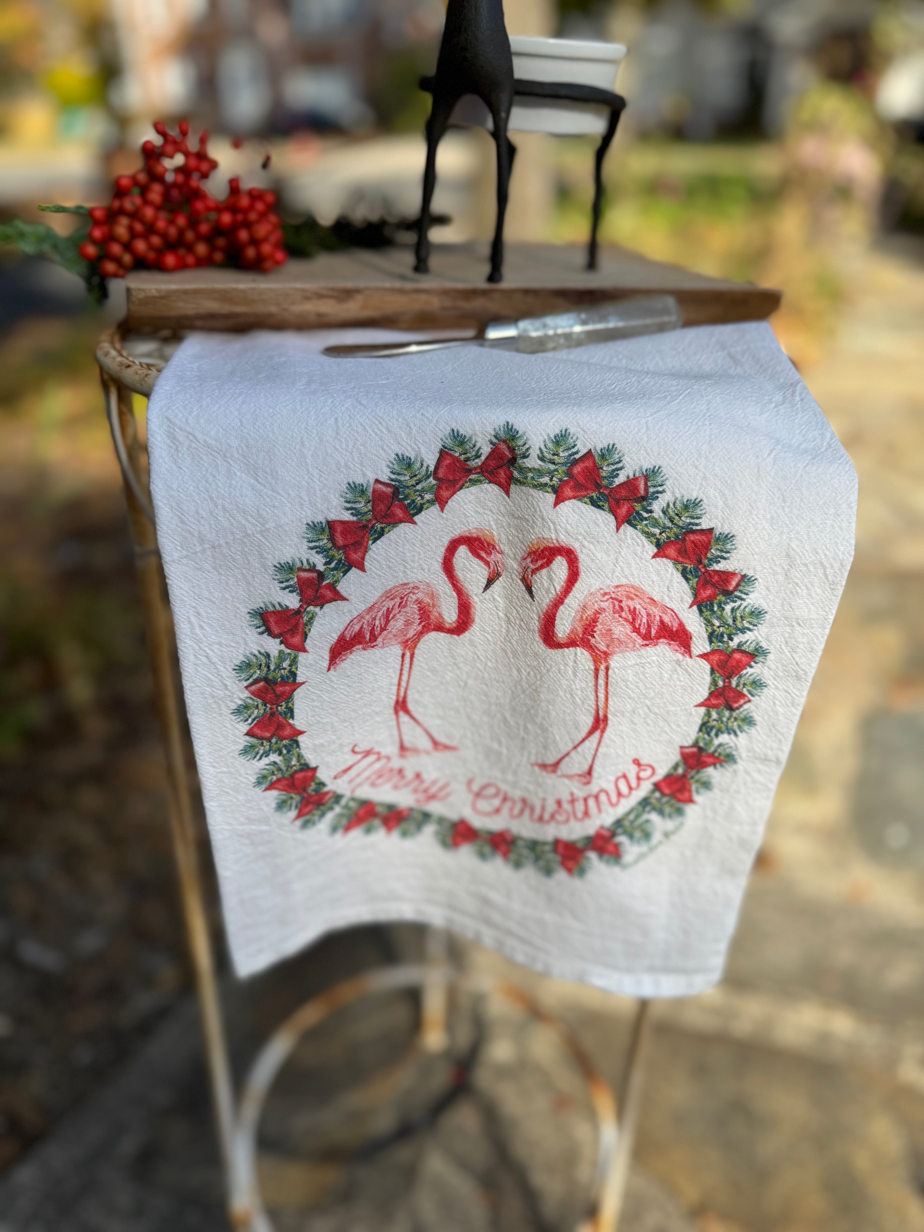 Dish Towel - Merry Christmas Flamingo on Flour Sack