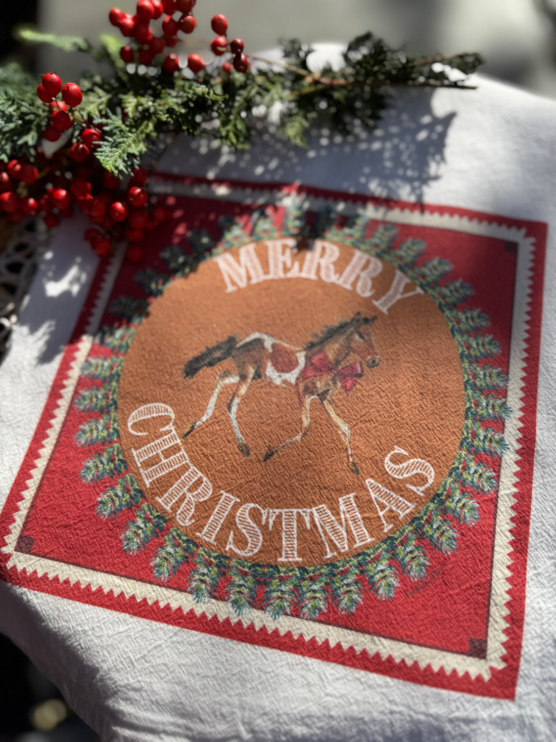Dish Towel - Merry Christmas Pony on Flour Sack