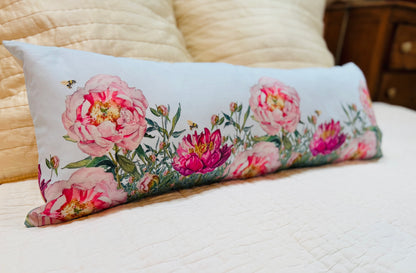 Throw Pillow - Light and Dark Pink Peonies with Bee Repeat on Linen Cotton Lumbar