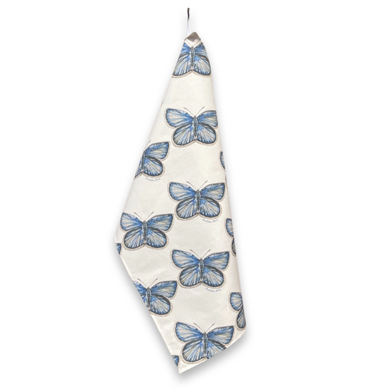 Kitchen Towel - Butterfly on White Linen Cotton
