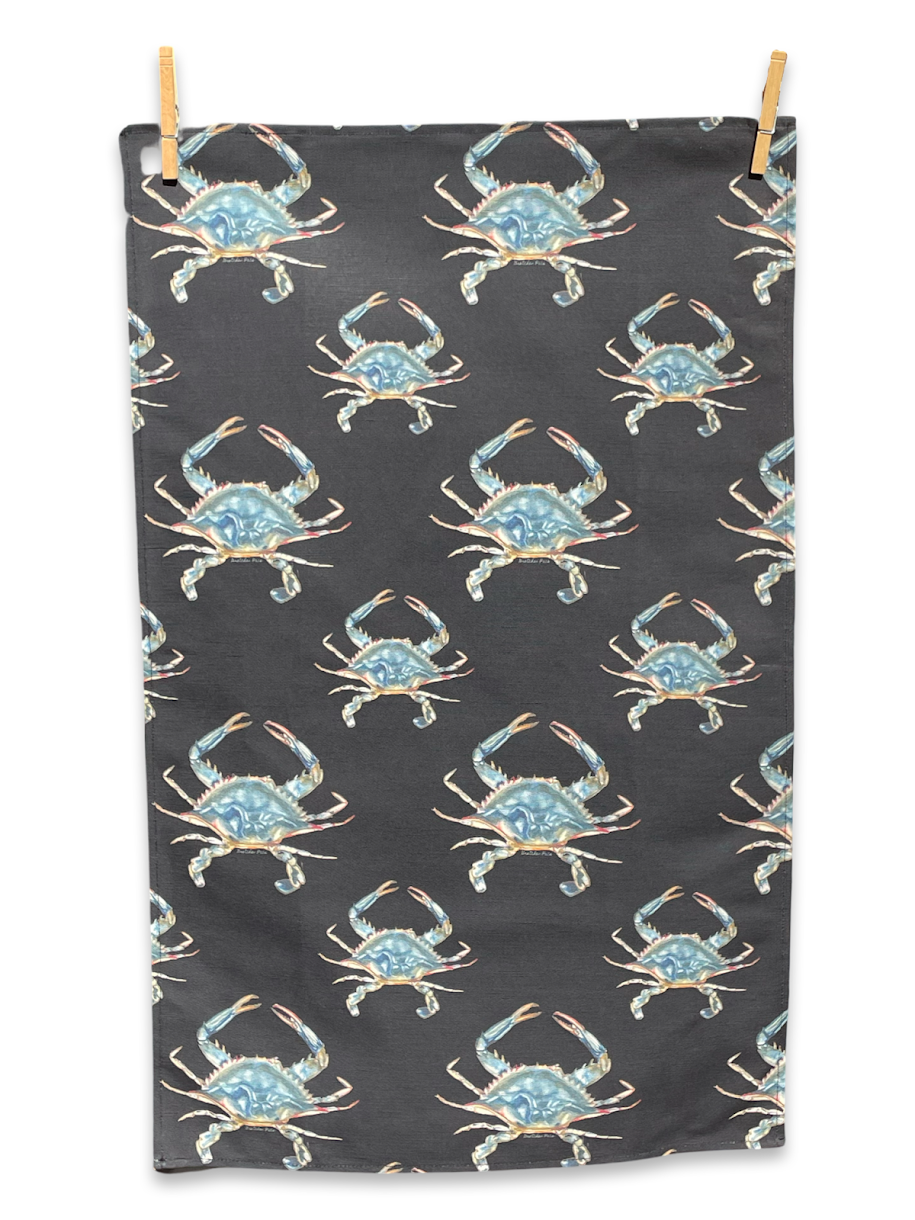 Kitchen Towel - Crab on Black Linen Cotton