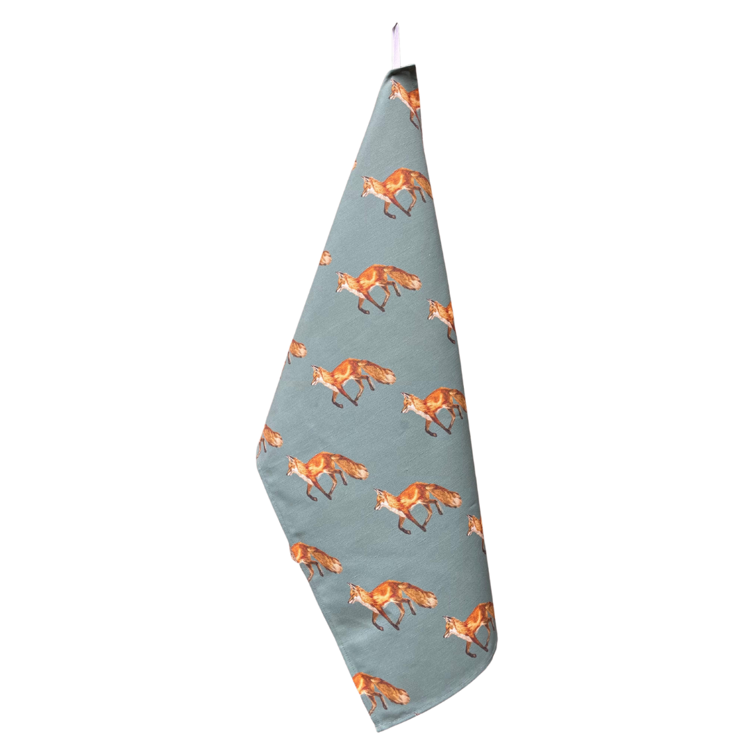 Tea Towel - Fox on Jade Green Linen Cotton