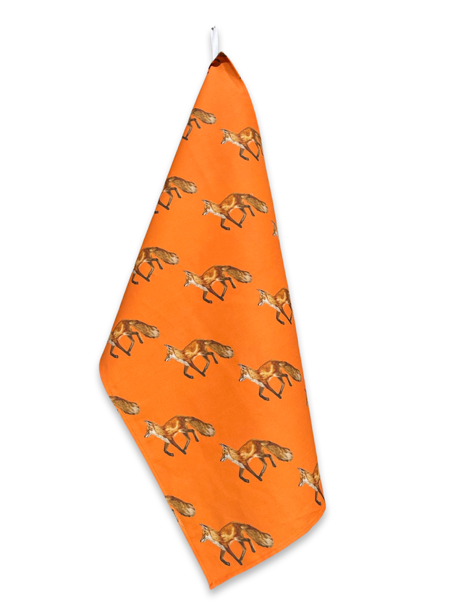 Tea Towel - Fox on Orange Linen Cotton