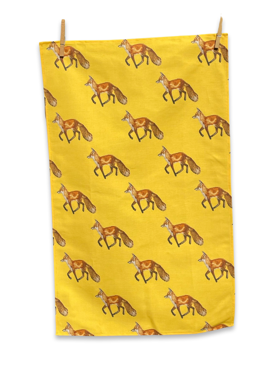 Tea Towel - Fox on Yellow Linen Cotton