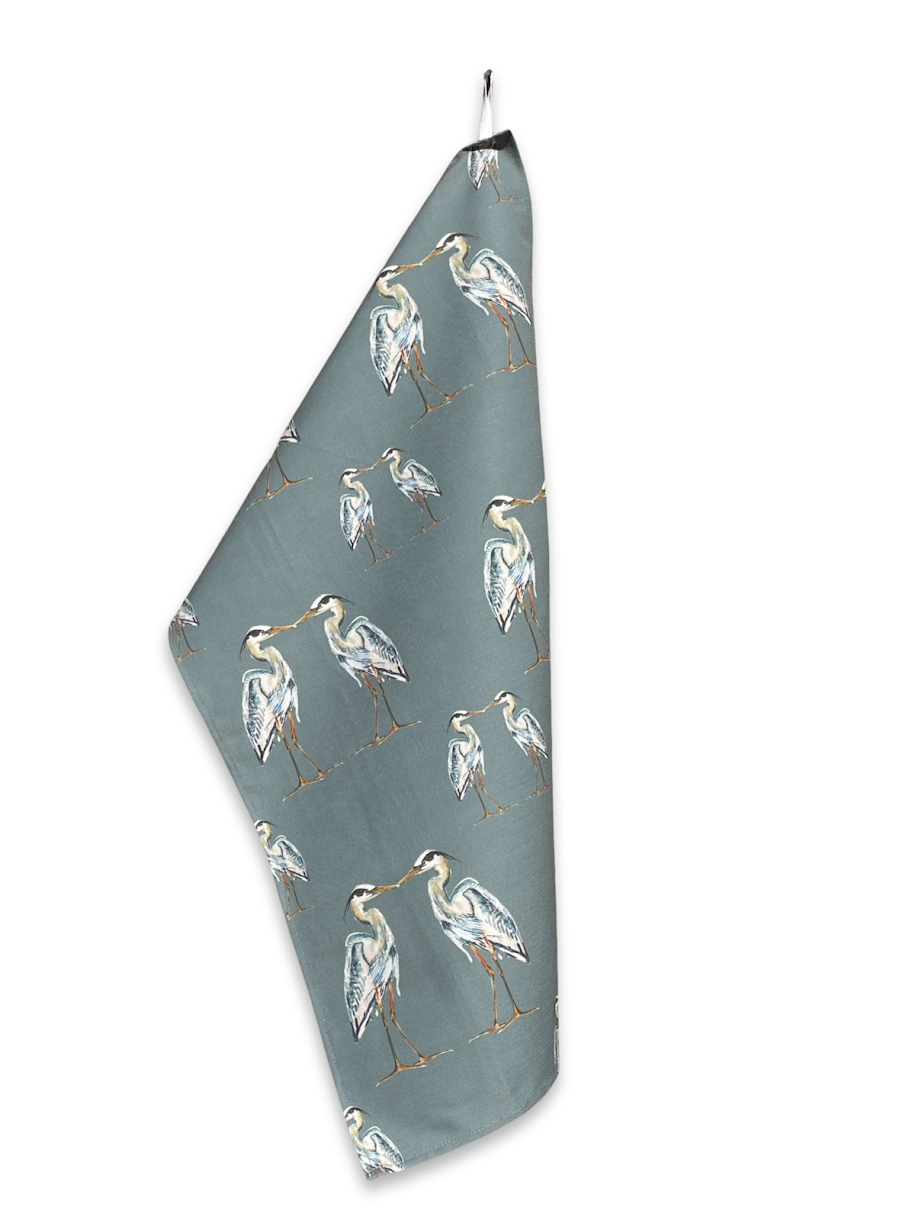 Tea Towel - Heron on Jade Green Linen Cotton