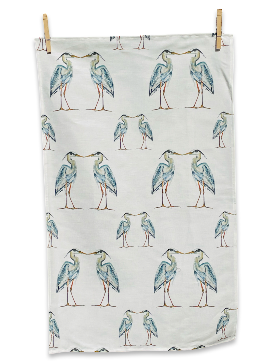 Tea Towel - Large Heron on White Linen Cotton