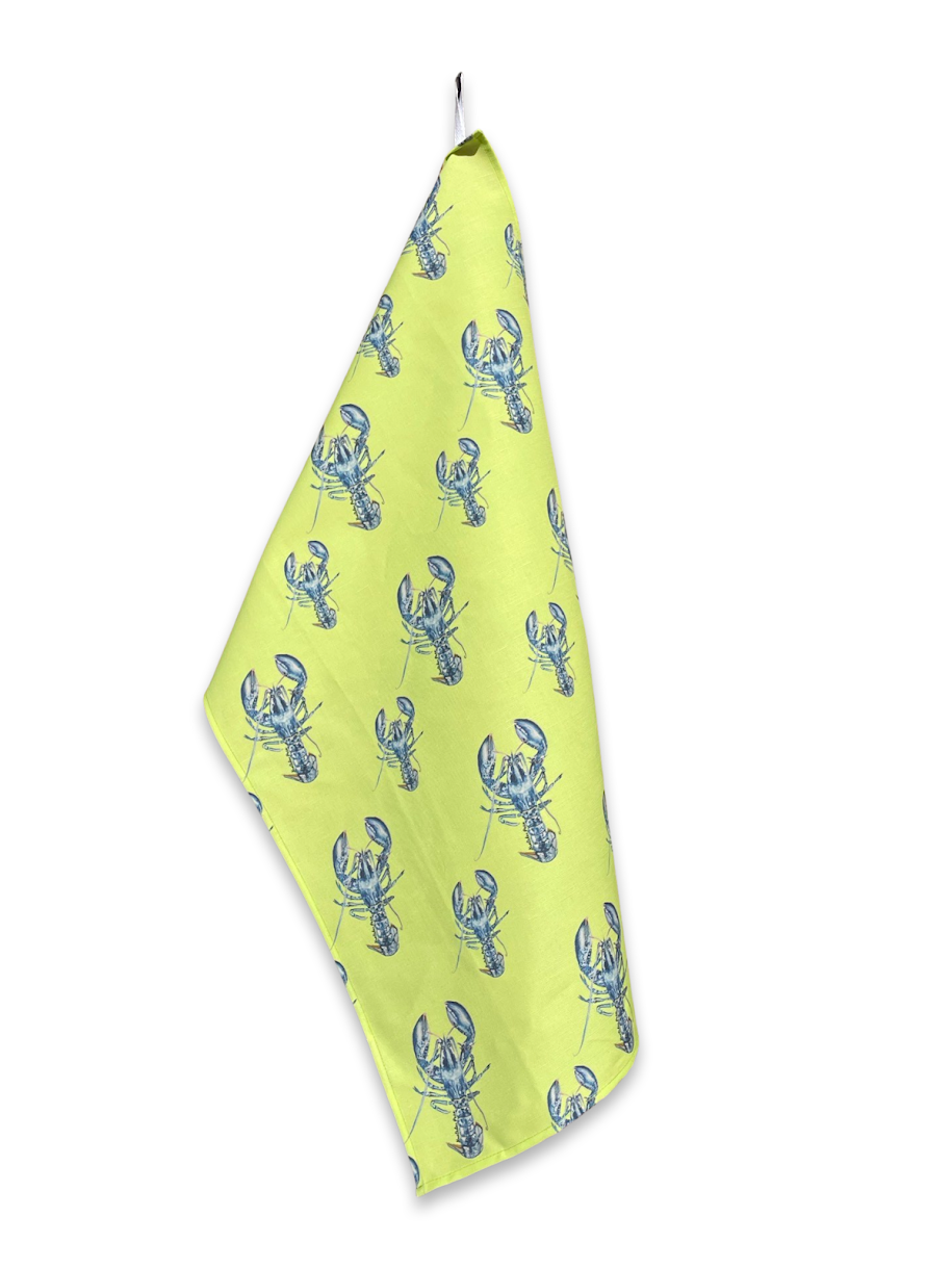 Tea Towel - Lobster Repeat on Green Linen Cotton