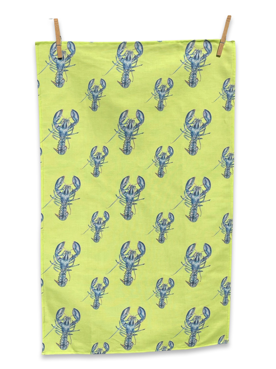 Tea Towel - Lobster Repeat on Green Linen Cotton