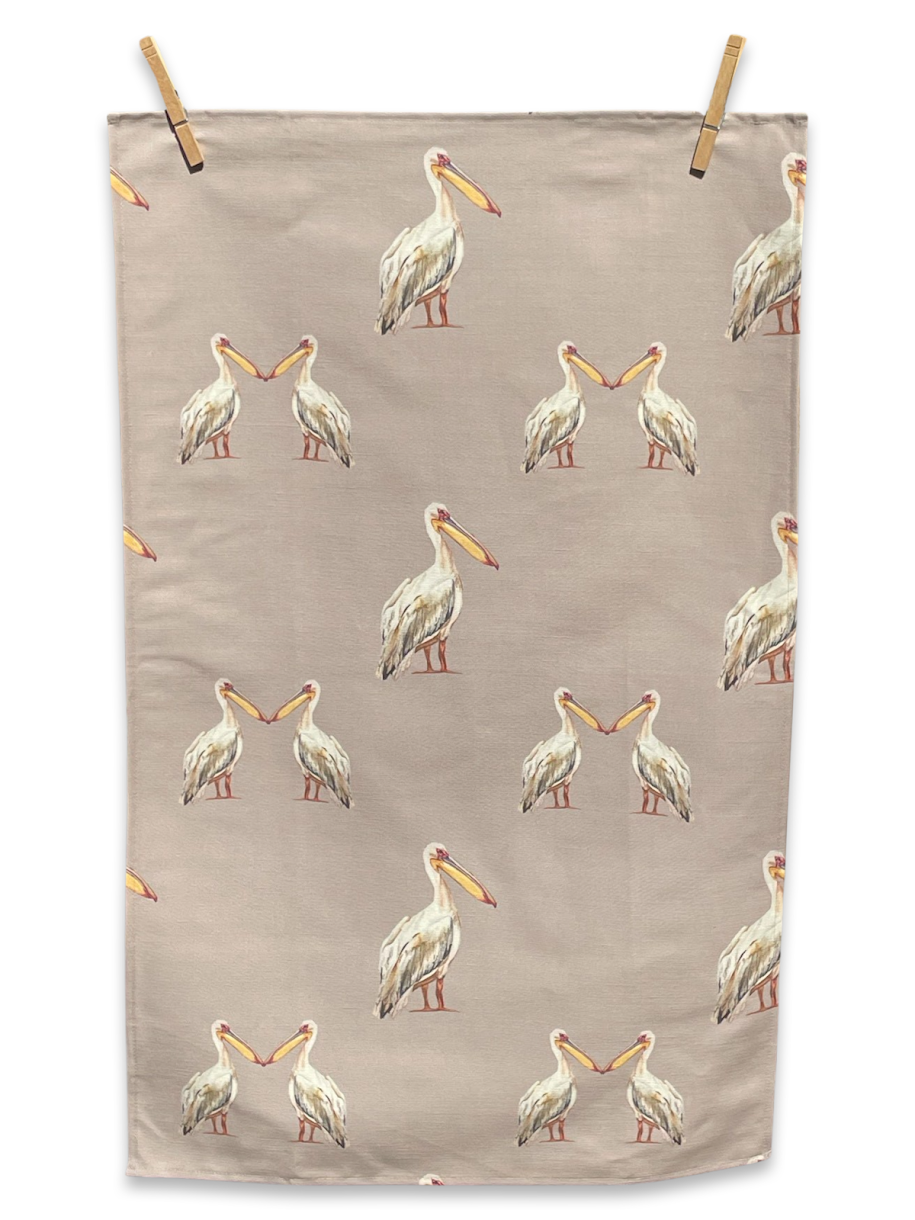 Tea Towel - Pelican Repeat on Gray Linen Cotton